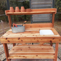 DIY Cedar Potting Bench with Sink & Shelves