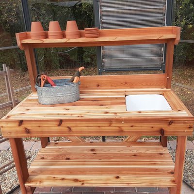 DIY Cedar Potting Bench with Sink & Shelves